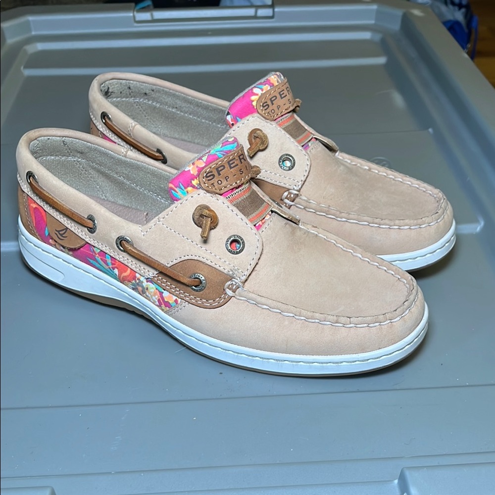 Sperry Tan Boat Shoes with Floral Accents